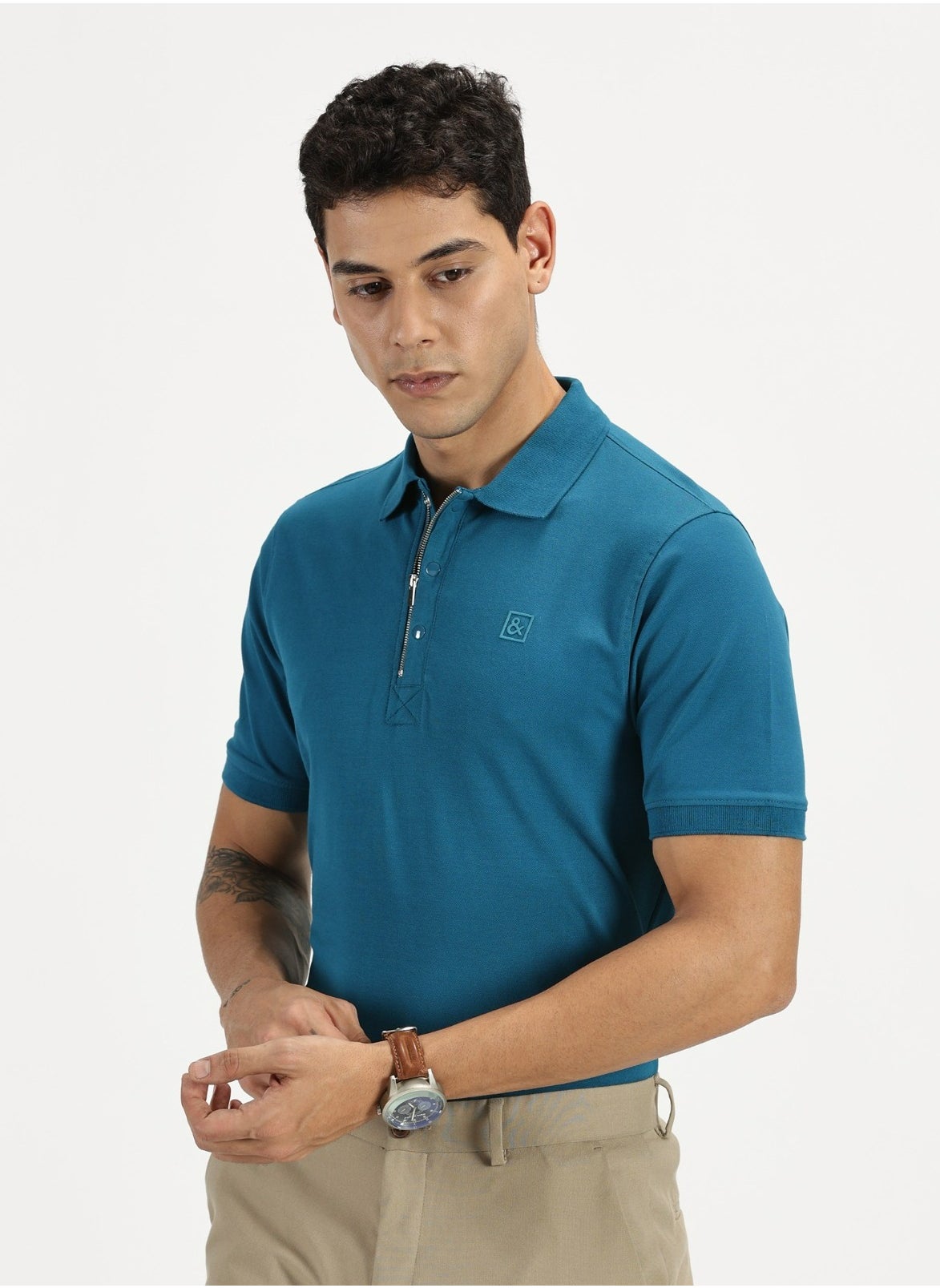 Simple & Rare Simple & Rare Men's Cotton Polo T-Shirt with Zip & Button Closure 