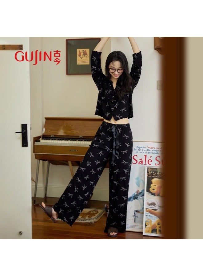 Gujin Spring/summer New Women's Pajamas Home Wear Sleep Pants Imitation Cotton Imitation Modal Open Cardigan Short Korean Cardigan Set L