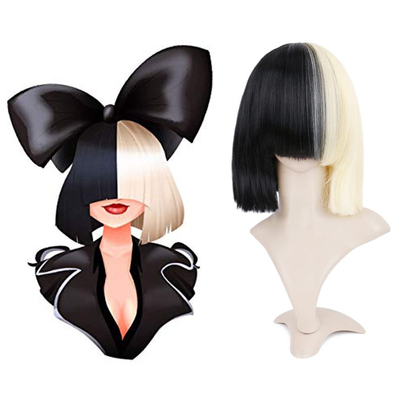Creamily Medium Length Straight Bob Wigs for Women Half Blonde Half Black Hair Wig 2Tone Dyed Hair Colorful Wig Classic Cosplay Party Halloween Costume Wigs for Women Girls