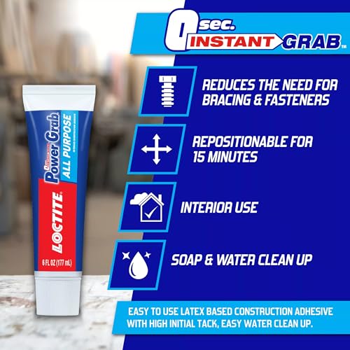 Loctite Power Grab Express Construction Adhesive, ultimate strength, 0 second grab, high tack adhesive, No-nails and screws, no clamping, DIY, no mixing, metal, tiles, wood, concrete 6 FL OZ 177ml - Image 2