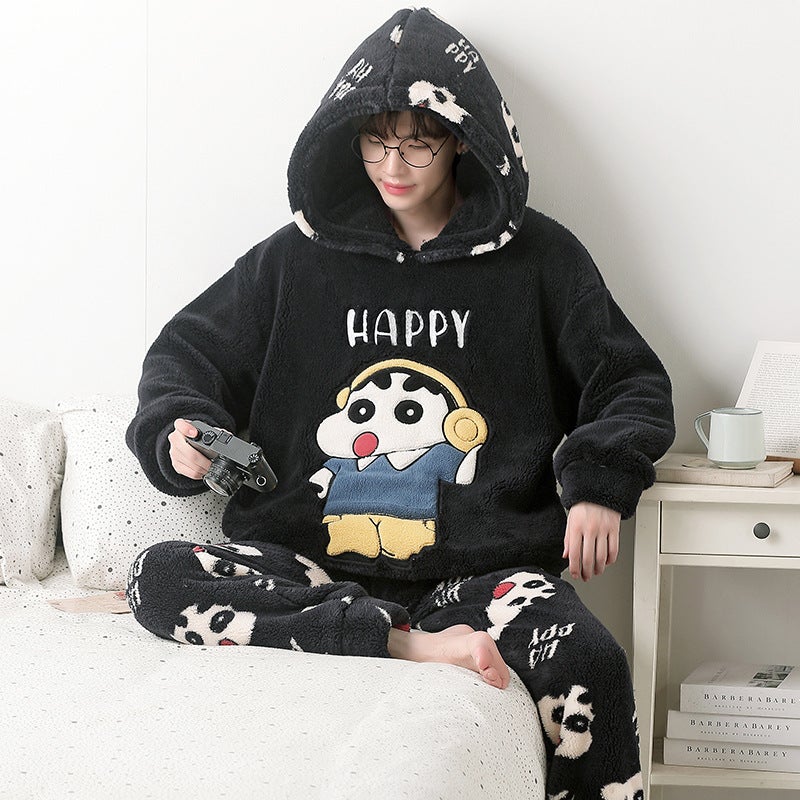 Winter Coral Fleece Pajamas Men'S Fleece-Lined Thickened Warm Cartoon Hooded Flannel Teenager Home Clothes Suit - Image 1