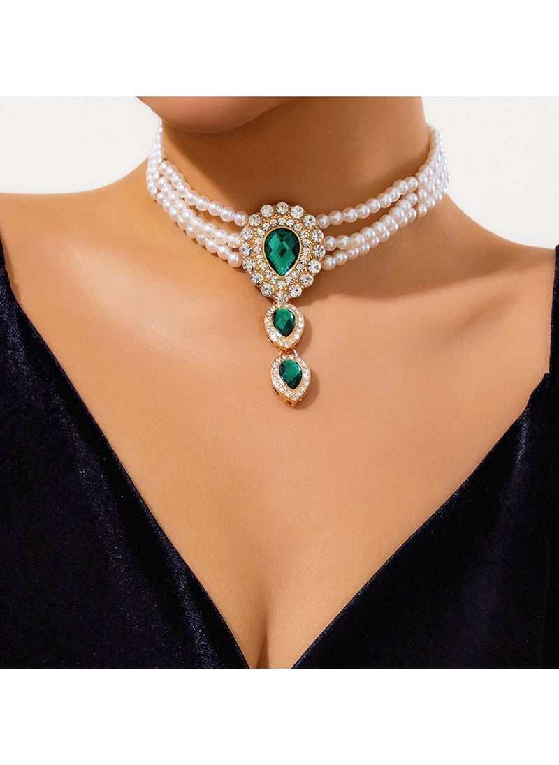 KUYING Vintage Pearl Studded Diamond Necklace 