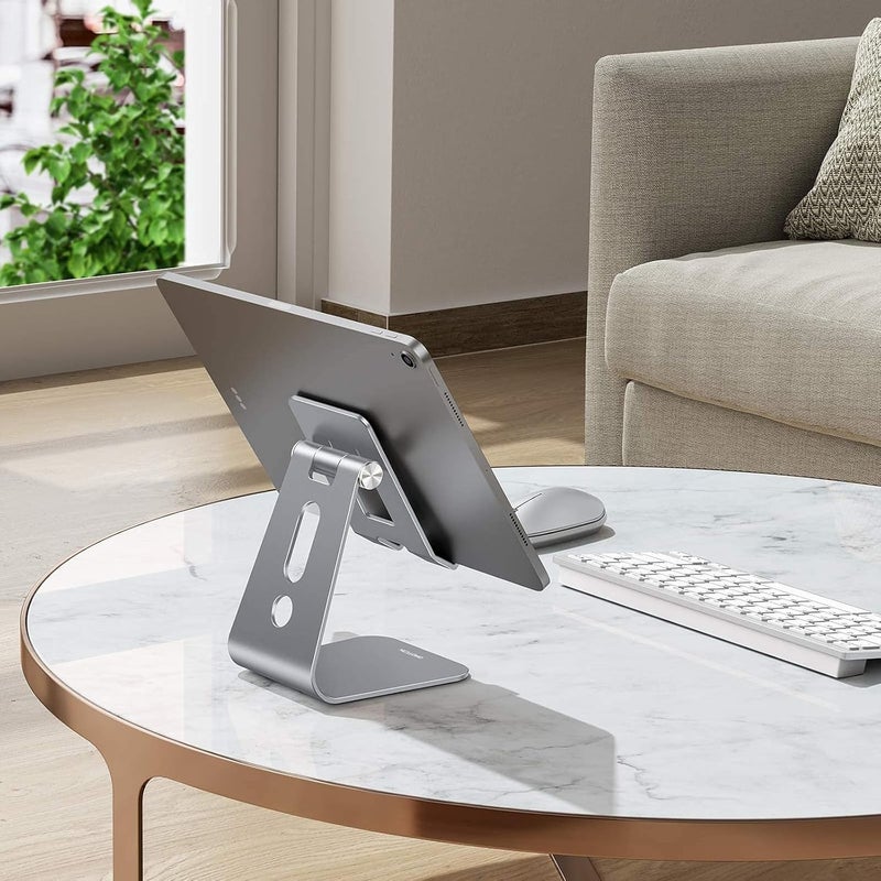 Omoton Adjustable Tablet Stand for Desk, Upgraded Longer Arms for Greater Stability, T2 Tablet Holder with Hollow Design for Bigger Sized Phones and Tablets Such as iPad Pro/Air/Mini, Grey - Image 2
