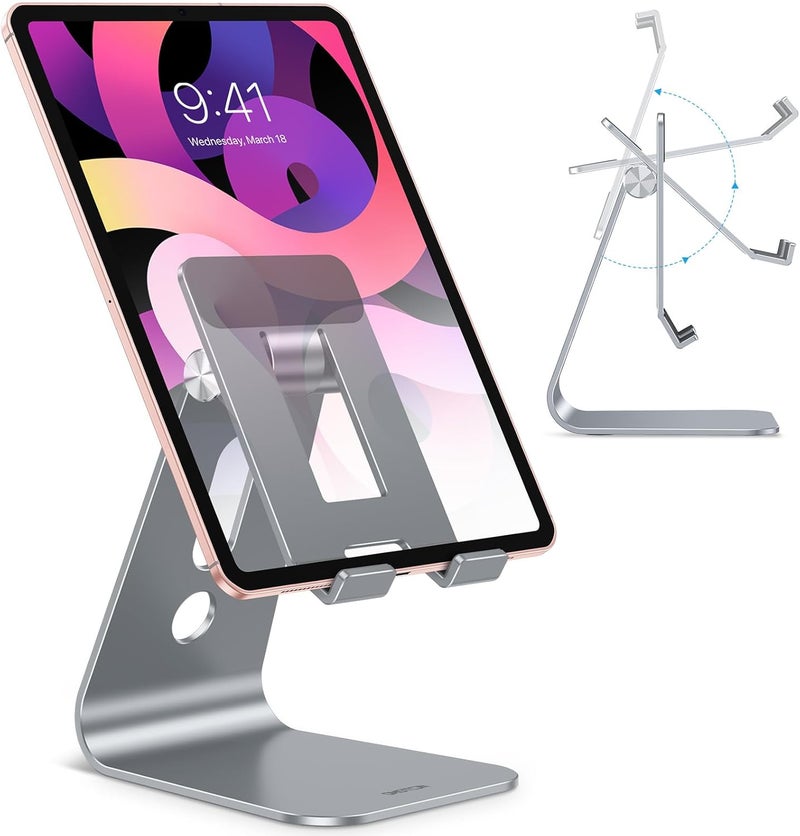 Omoton Adjustable Tablet Stand for Desk, Upgraded Longer Arms for Greater Stability, T2 Tablet Holder with Hollow Design for Bigger Sized Phones and Tablets Such as iPad Pro/Air/Mini, Grey - Image 1