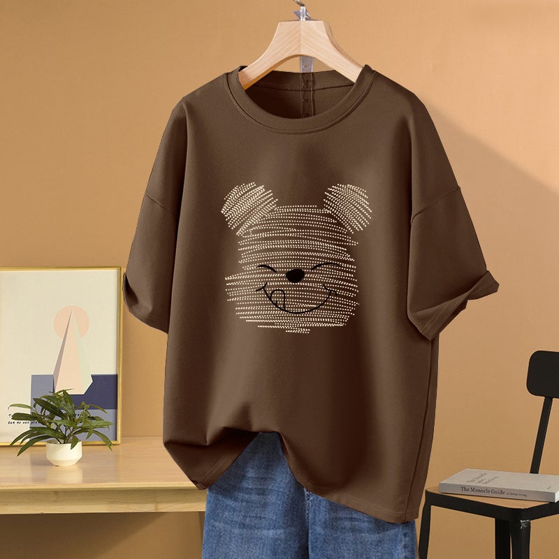 تي شيرت نسائي صيفي فضفاض بأكمام قصيرة بتصميم أمريكي عتيق مع دب كرتوني - Image 1