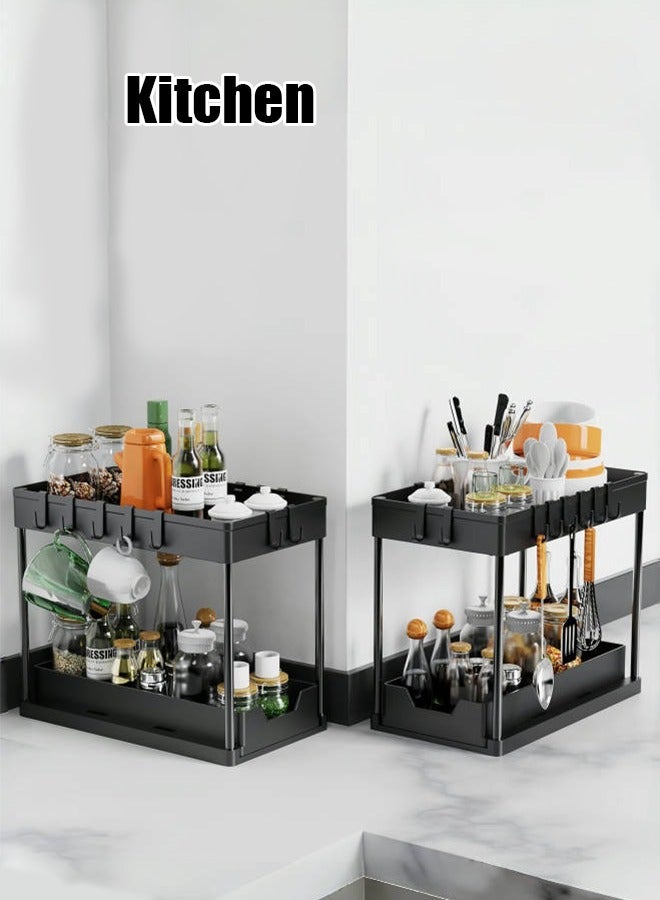 JoyousSto Pack Under Sink Organizers and Storage, 2-Tier Sliding Cabinet Basket Organizer with Hooks, Multi Purpose Under Sink Organizers and Storage for Bathroom Kitchen - Image 5