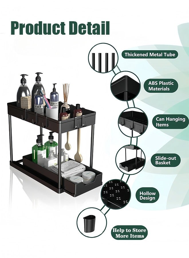 JoyousSto Pack Under Sink Organizers and Storage, 2-Tier Sliding Cabinet Basket Organizer with Hooks, Multi Purpose Under Sink Organizers and Storage for Bathroom Kitchen - Image 3