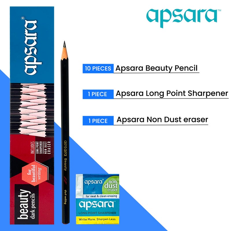 Apsara Beauty Pencils, Hexagonal Body for Strong Grip, Classic Black Design for Premium Look, Good Handwriting, Free Sharpener & Eraser, Non-toxic (Pack of 10 Pencils) - Image 3