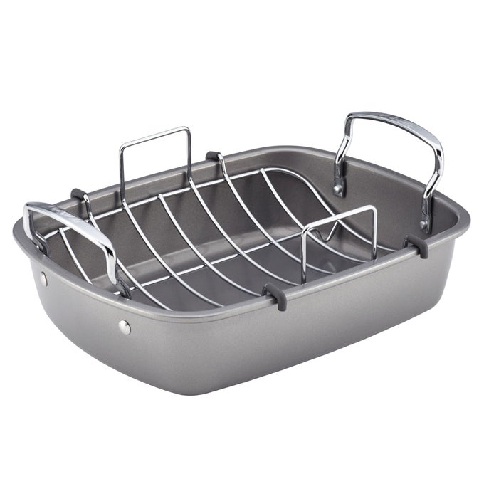 NONSTICK ROASTING PAN ROASTER WITH RACK 17 INCH X 13 INCH GRAY