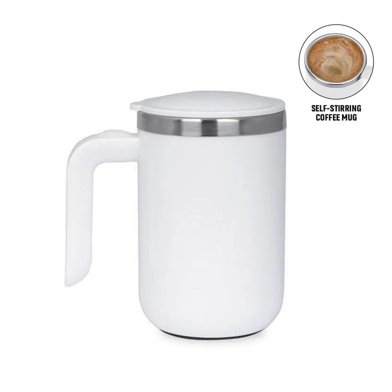 هانز لارسن Hans Larsen CAFFE Auto-Stirring Coffee Mug – 400 ml Stainless Steel Inner Wall, Durable Outer Shell, One-Button Self-Stirring Travel Mug with Included AAA Batteries (White)