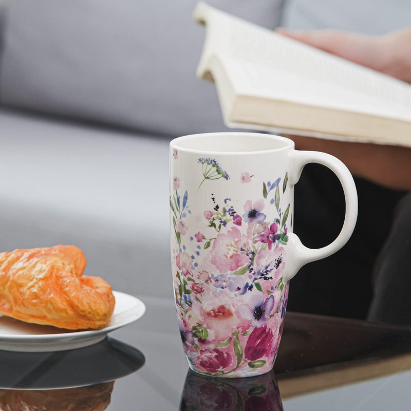 Dusvally Coffee Ceramic Mugs Travel Coffee Mug Porcelain Latte Tea Cup With Lid And Color Box 17Oz.Tall Coffee Mug Pink Flower Valentine'S Day Mug - Image 3
