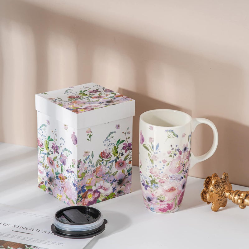 Dusvally Coffee Ceramic Mugs Travel Coffee Mug Porcelain Latte Tea Cup With Lid And Color Box 17Oz.Tall Coffee Mug Pink Flower Valentine'S Day Mug - Image 2