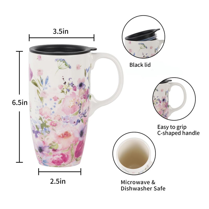 Dusvally Coffee Ceramic Mugs Travel Coffee Mug Porcelain Latte Tea Cup With Lid And Color Box 17Oz.Tall Coffee Mug Pink Flower Valentine'S Day Mug - Image 5