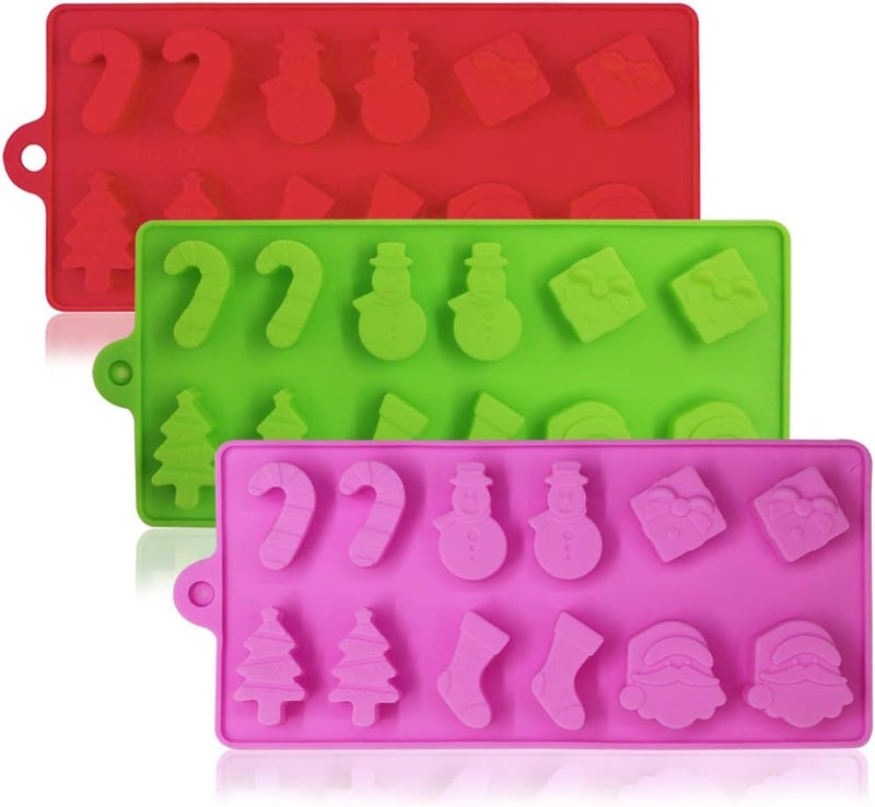 YuCool 3 Pack Christmas Silicone Chocolate and Candy Molds, Small Christmas Silicone Baking Molds - Red,Green,Pink - Image 1