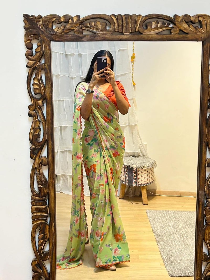 Sidhidata Women's Georgette Floral Printed Ready To Wear One Minute Saree with Unstitched Blouse Piece - Image 3