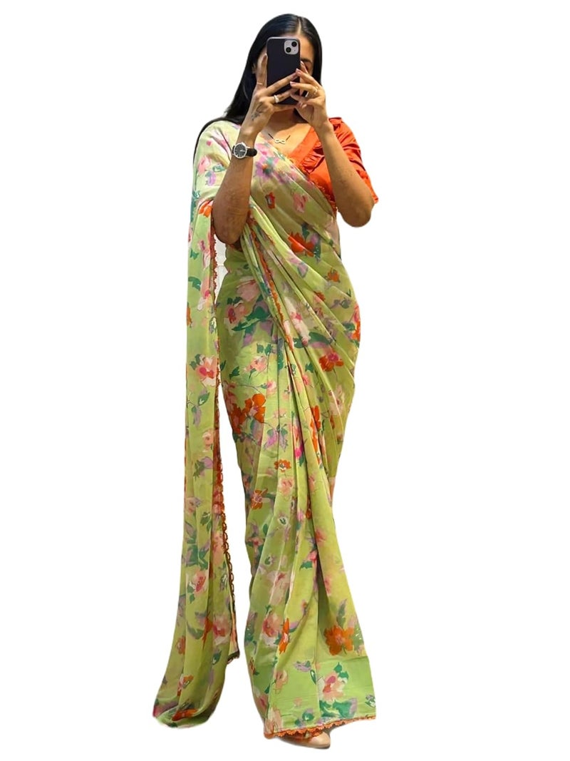 Sidhidata Women's Georgette Floral Printed Ready To Wear One Minute Saree with Unstitched Blouse Piece - Image 1
