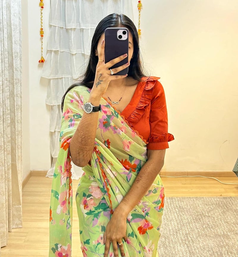 Sidhidata Women's Georgette Floral Printed Ready To Wear One Minute Saree with Unstitched Blouse Piece - Image 2