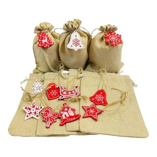 KRIWIN (7X 5 inch) Burlap Drawstring Pouches with Red and White Christmas Ornaments, Jute (12) - Image 2