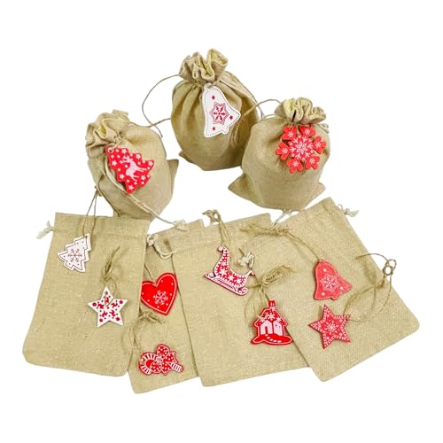 KRIWIN (7X 5 inch) Burlap Drawstring Pouches with Red and White Christmas Ornaments, Jute (12) - Image 1