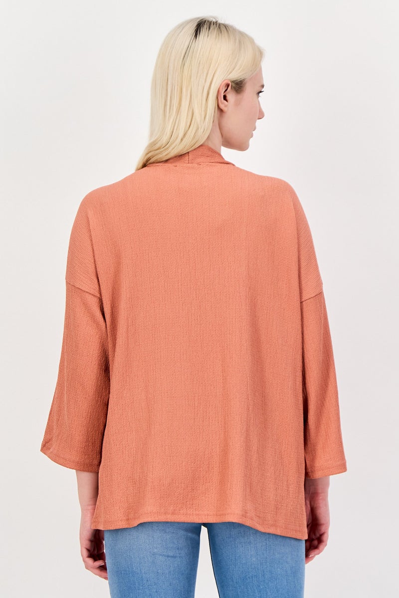 BIG DART Women Split Neck Textured Cardigan, Rust - Image 4