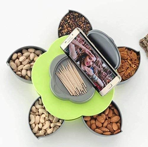 Dweezhet 5 Compartments Flower Candy Box Serving Rotating Tray Dry Fruit Candy Chocolate Snacks Storage Box Storage Container Masala Box For Home Kitchen Round Multicolor - Image 2