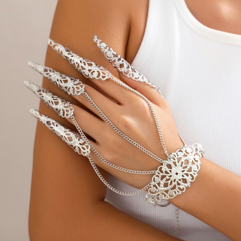 SHIXIN European and American Cross-Border Accessories: Gothic Halloween Ghost Finger Link Bracelet, Punk Conical Nail Chain Ring Hand Jewelry - Image 1