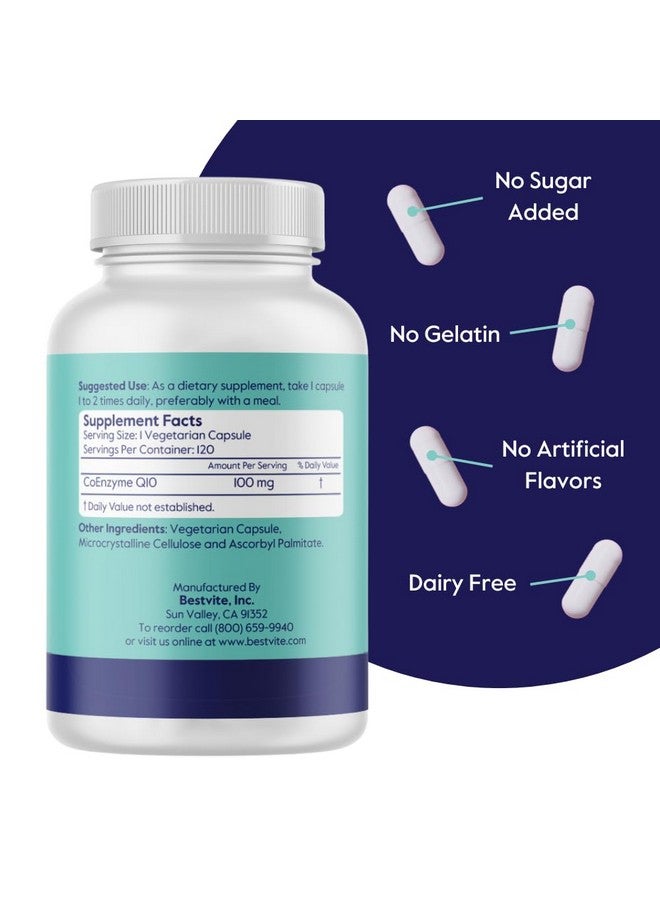بست فايت BESTVITE Coenzyme CoQ10 100mg (120 كبسولة نباتية) مخمرة بشكل طبيعي - بدون ستيرات - بدون مواد مالئة - نباتي - غير معدّل وراثيًا - خالٍ من الجلوتين - Image 2