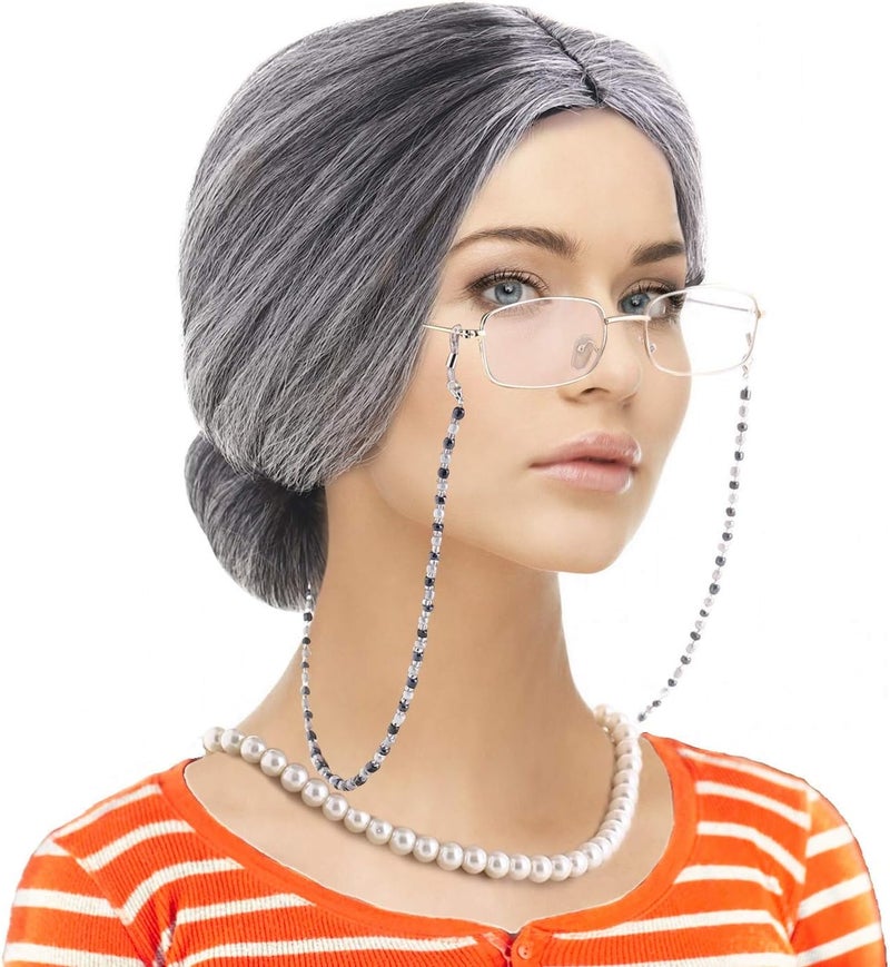 Feacole Old Lady Costume Set-Grandmother Wig,Wig Caps, Madea Granny Glasses, Eyeglass Retainer Chain,Pearl Necklace(5 Pieces) - Image 2