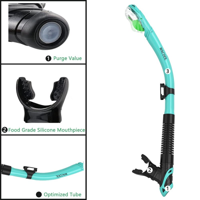WACOOL Dry Top Snorkel Tube Comfortable Mouthpiece One-Way Purge Valve for Pool Open Water Scuba Lap Swimming Swimmer Training Diving Snorkeling (Malachite Green) - Image 4