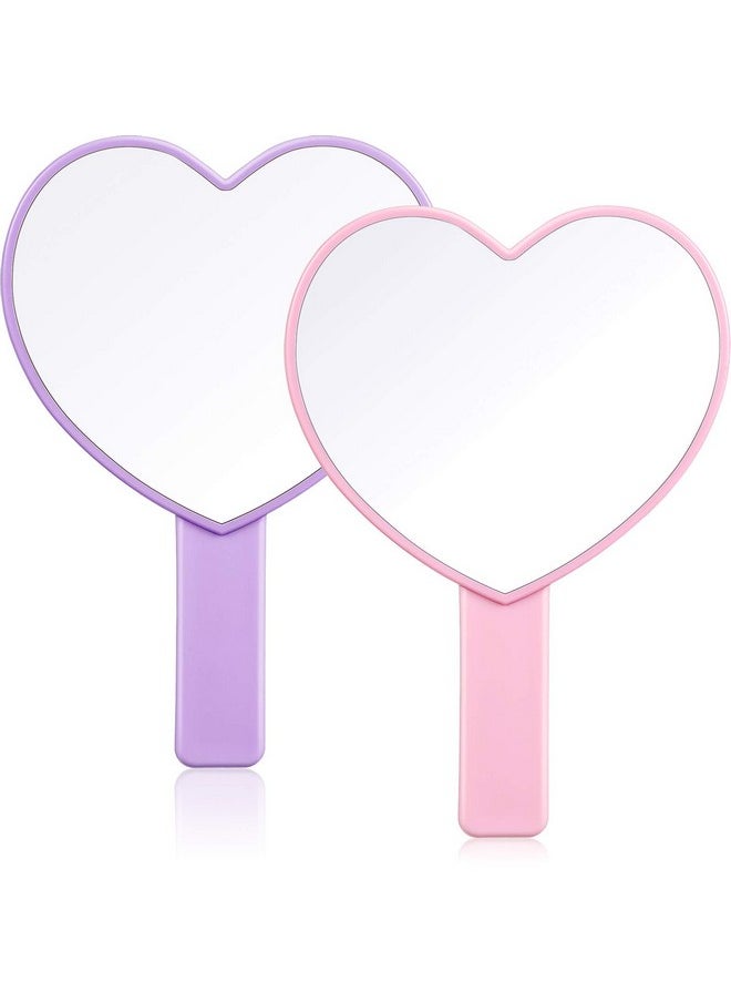 Jetec 2 Pieces Heartshaped Handheld Mirrors Travel Makeup Mirrors Mini Cosmetic Mirror With Handle Small Heart Mirrors Decorative Hand Held Mirror For Women Girls Valentine'S Day (Pink Purple)  - Image 1
