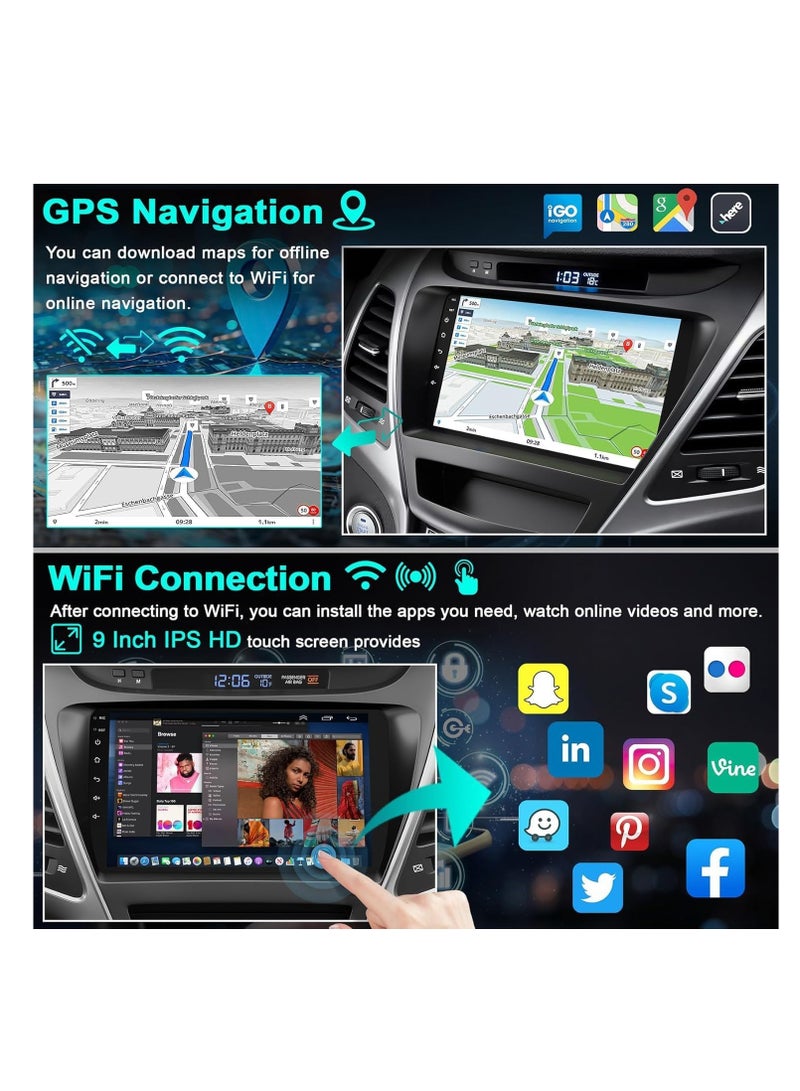 【4+64G】Android Car Stereo for Hyundai Elantra 2014-2016, 9" HD Touchscreen, Wireless Carplay & Android Auto, GPS, WiFi, Bluetooth 5.2, Backup Camera, MIC, DSP, HiFi, FM Radio, EQ, Mirror Link - Image 4