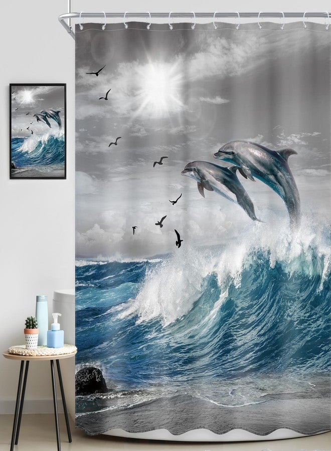 Ufeela Ocean Beach Dolphin Shower Curtain Coastal Summer Blue Sea Waves Sealife Nautical Animal Cool Sunset Nature Scenic 60Wx72L Inch Bathroom Set Grey Sky Bath Curtain Bathtub Accessories Home Decor - Image 2