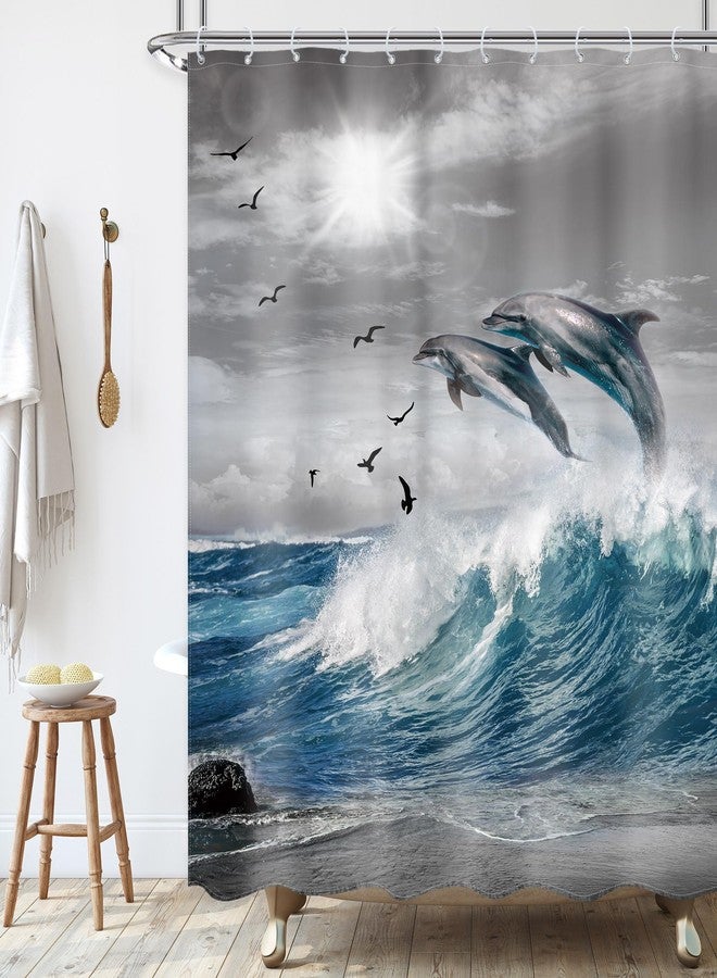 Ufeela Ocean Beach Dolphin Shower Curtain Coastal Summer Blue Sea Waves Sealife Nautical Animal Cool Sunset Nature Scenic 60Wx72L Inch Bathroom Set Grey Sky Bath Curtain Bathtub Accessories Home Decor - Image 1