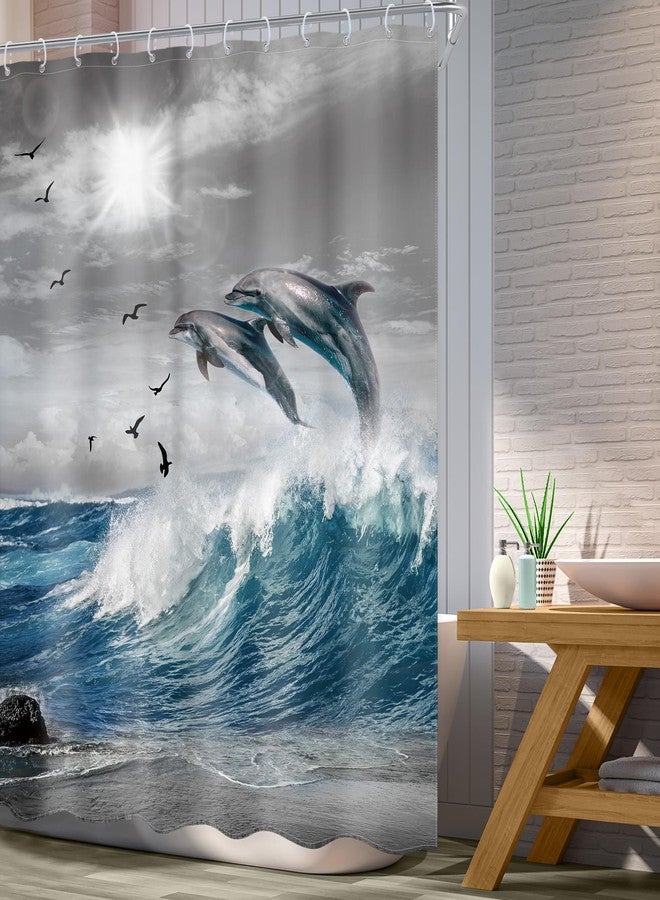 Ufeela Ocean Beach Dolphin Shower Curtain Coastal Summer Blue Sea Waves Sealife Nautical Animal Cool Sunset Nature Scenic 60Wx72L Inch Bathroom Set Grey Sky Bath Curtain Bathtub Accessories Home Decor - Image 3