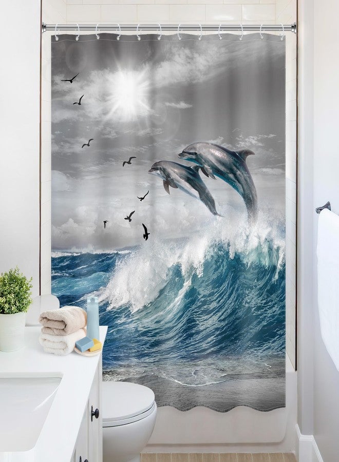 Ufeela Ocean Beach Dolphin Shower Curtain Coastal Summer Blue Sea Waves Sealife Nautical Animal Cool Sunset Nature Scenic 60Wx72L Inch Bathroom Set Grey Sky Bath Curtain Bathtub Accessories Home Decor - Image 4