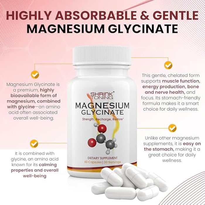Shrink Magnesium Glycinate 1666 mg – High Absorption Magnesium Supplement – Supports Muscle Function – 60 Capsules - Image 3
