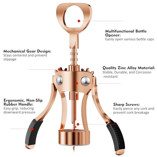 KORCCI Wine Opener, Heavy-Duty Zinc Alloy Wing Corkscrew, Premium Beer Bottle Opener, Multifunctional Wine Accessories with Ergonomic Handle and Sharp Screw, for Kitchen, Bar, Restaurant (Rose Gold) - Image 3