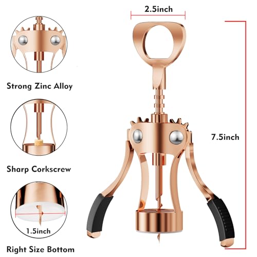 KORCCI Wine Opener, Heavy-Duty Zinc Alloy Wing Corkscrew, Premium Beer Bottle Opener, Multifunctional Wine Accessories with Ergonomic Handle and Sharp Screw, for Kitchen, Bar, Restaurant (Rose Gold) - Image 2