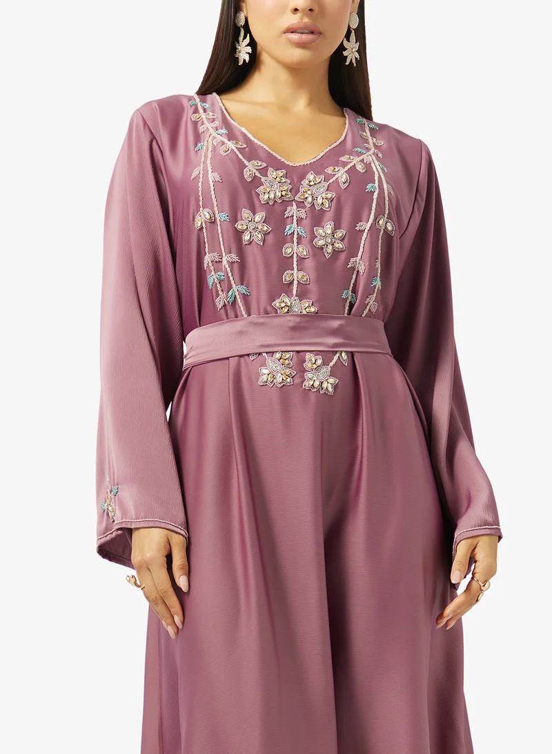 hayas closet  Floral Beaded Embroidery Work At Front Section And Belt Jalabiya for Women | Best Price UAE