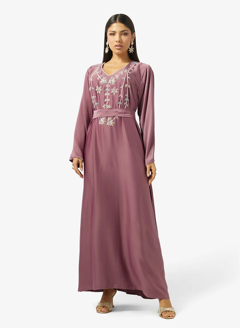 hayas closet Floral Beaded Embroidery Work At Front Section And Belt Jalabiya