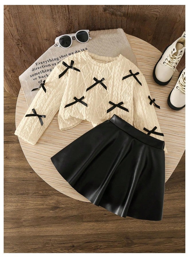 Verdusa Girl's 2 Piece Outfits Cute Bow Long Sleeve Sweater and PU Leather Pleated Mini Skirt Set Birthday Outfit Khaki 7 Years - Image 3