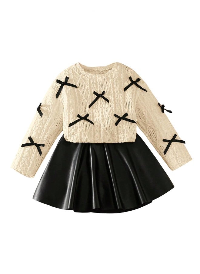 Verdusa Girl's 2 Piece Outfits Cute Bow Long Sleeve Sweater and PU Leather Pleated Mini Skirt Set Birthday Outfit Khaki 7 Years - Image 1