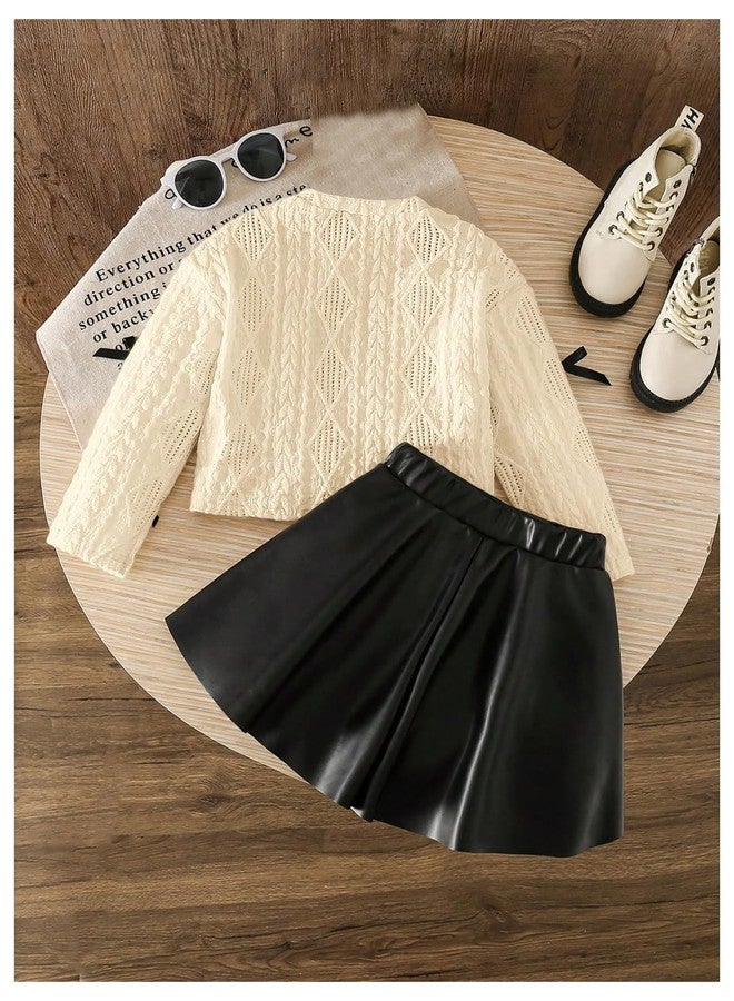 Verdusa Girl's 2 Piece Outfits Cute Bow Long Sleeve Sweater and PU Leather Pleated Mini Skirt Set Birthday Outfit Khaki 7 Years - Image 2