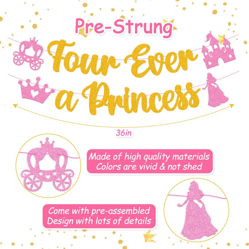 YWLACC Four Ever A Princess Banner Beautiful Princess Girl 4th Birthday Party Decorations Our Little Princess 4 Years Old Birthday Party Supplies - Image 2