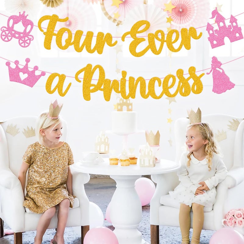 YWLACC Four Ever A Princess Banner Beautiful Princess Girl 4th Birthday Party Decorations Our Little Princess 4 Years Old Birthday Party Supplies - Image 5