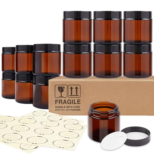 TUZAZO 4 Oz Thick Amber Round Glass Jars with Inner Lids and Black Lids, 12 Pack Small Empty Candle Making Jars/Cosmetic Containers for Lotions, Creams, Body Butters, Essential oil Beauty Products - Image 1
