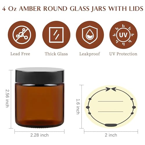 TUZAZO 4 Oz Thick Amber Round Glass Jars with Inner Lids and Black Lids, 12 Pack Small Empty Candle Making Jars/Cosmetic Containers for Lotions, Creams, Body Butters, Essential oil Beauty Products - Image 2