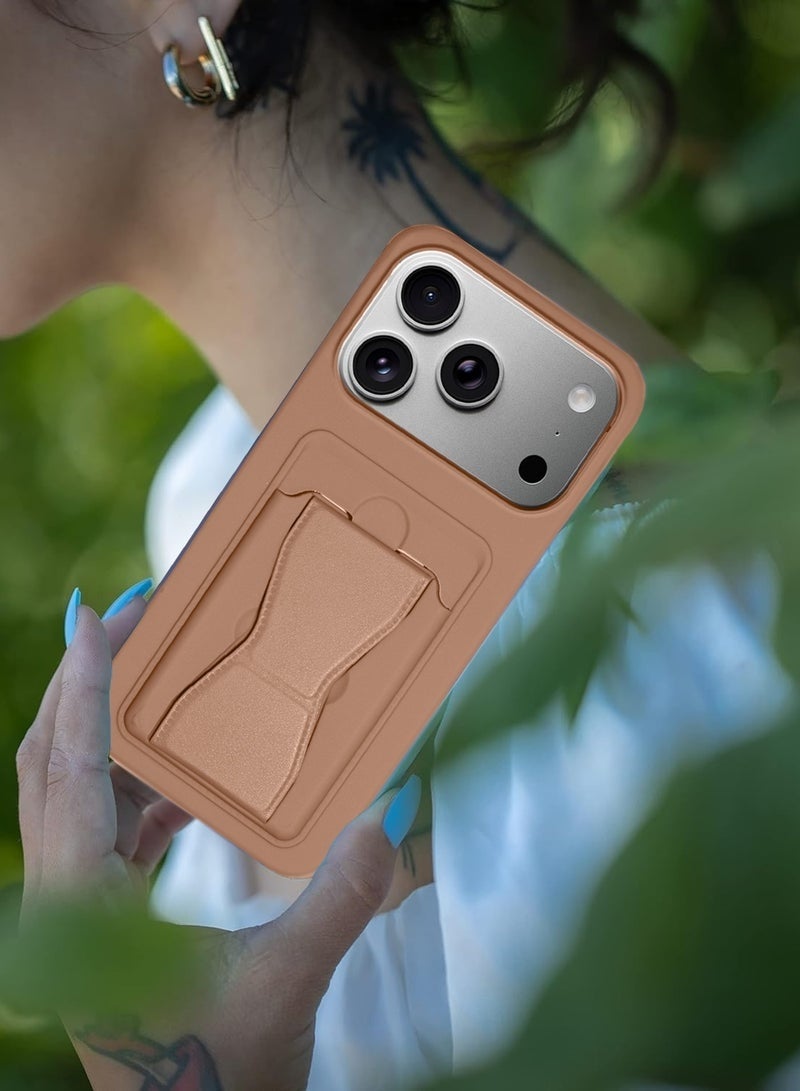 DUSALA iPhone 17 Pro Max 5G 2025 Silicone TPU Case with Card Holder & Hand Grip | Slim Shockproof Wallet Cover with Kickstand Stand & Secure Grip Strap (MCHPSN) - Brown - Image 5