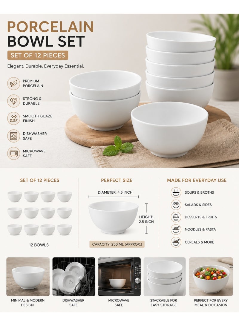 12-Piece White Porcelain Bowl Set 4.5 Inch | Premium Ceramic Serving Bowls | Microwave & Dishwasher Safe | Soup, Dessert, Salad & Snack Bowls - Image 1