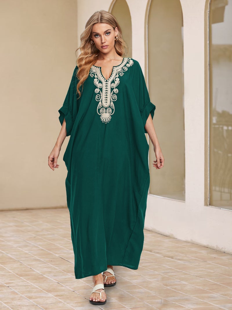 Generic 2024 new European and American rayon embroidered holiday loose plus size long dress Beach coat dress bikini blouse Dark green (zs2343-2) 